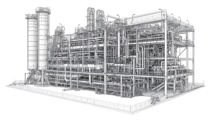 Industrial Refinery Blueprint, intricate piping network, complex structural design, detailed engineering layout, technical illustration Isolated on white background or PNG