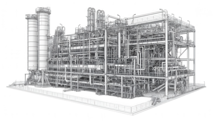 Industrial Refinery Blueprint, intricate piping network, complex structural design, detailed engineering layout, technical illustration Isolated on white background or PNG