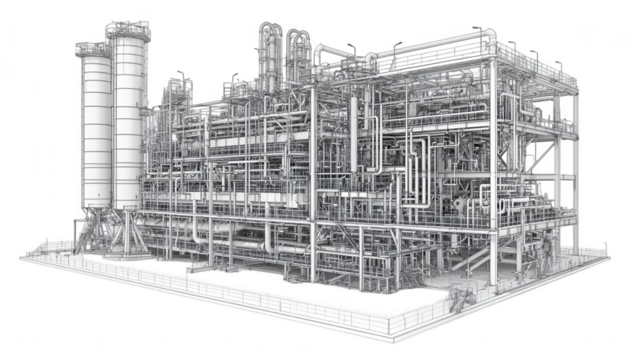 Industrial Refinery Blueprint, intricate piping network, complex structural design, detailed engineering layout, technical illustration Isolated on white background or PNG