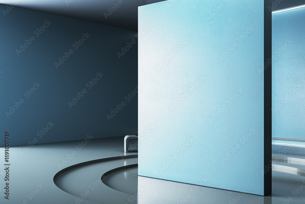 Poster modern interior space with large blue wall and glossy circular floor design. 3d rendering
