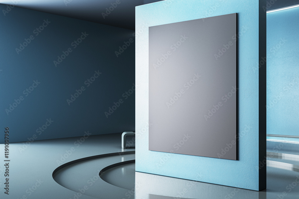 Aufkleber modern interior with a blank vertical canvas on a blue textured wall in a futuristic room with sleek