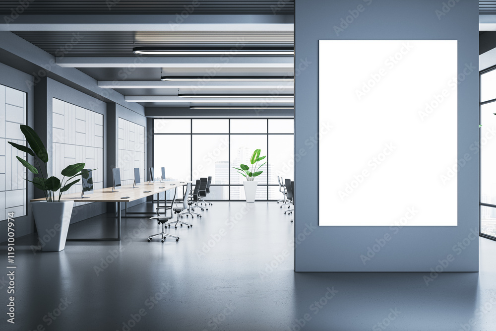 Wall mural Modern office interior with blank poster frame on wall and workstations in open space with large windows and city view. 3D Rendering