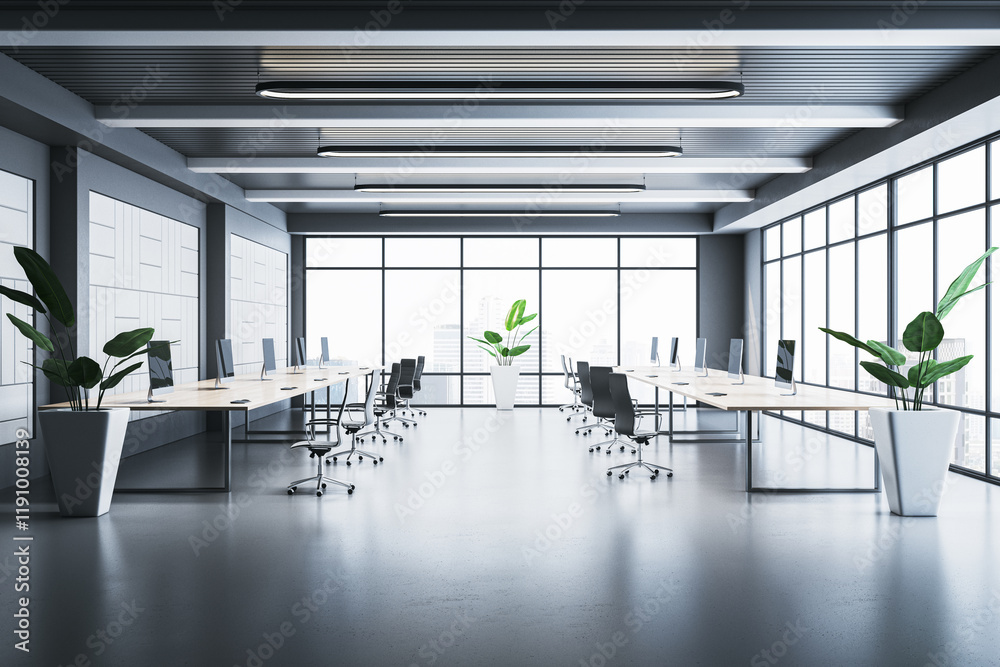 Poster modern open office interior with large windows, ergonomic furniture, and green plants creating a spa