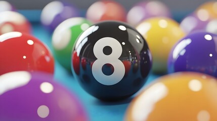 Eight Ball on Pool Table with Colorful Balls