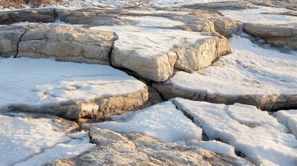 Fototapeta premium Cracked Rock Surface Under Layer of Snow on Frozen Mountain, Showcasing Natural Erosion and Weather Effects in a Cold Environment