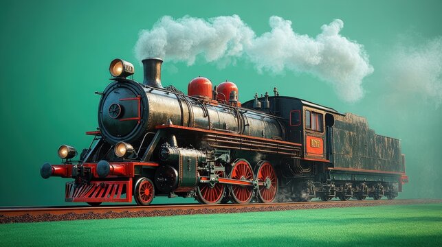 Vintage steam train, smoking, rolling on tracks.