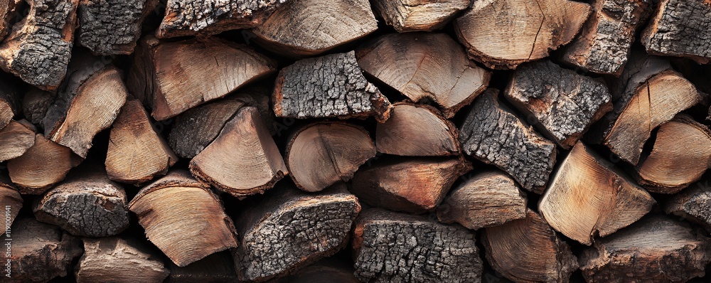 Poster stacked firewood creating rustic natural background texture