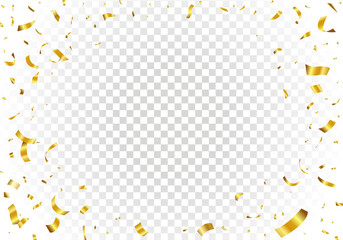 Gold confetti and ribbon streamers falling on a transparent background