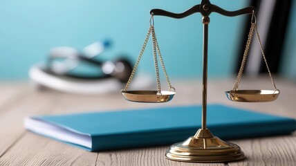 Legal scales on top of a hospital file folder, visualizing legal disputes and cases involving healthcare providers