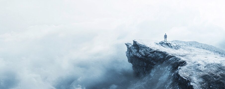 Businessman conquering top of snowy mountain above clouds