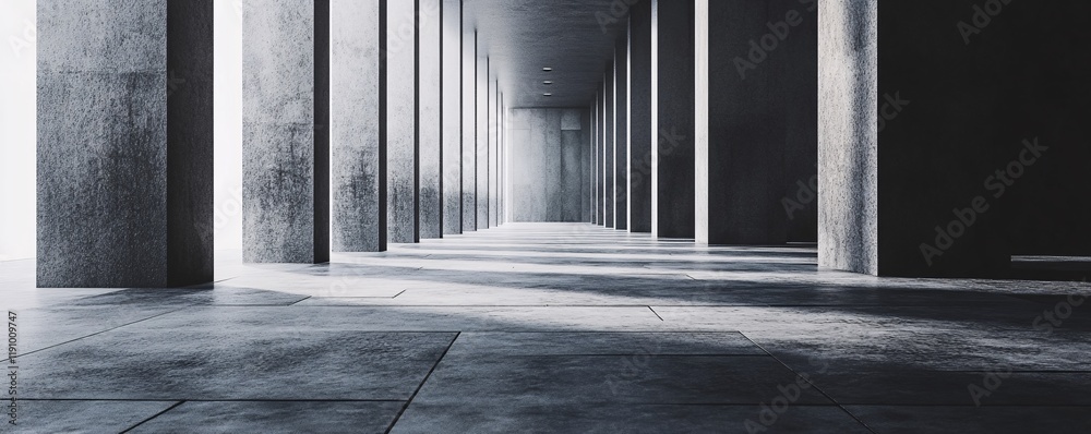 Poster Sunlight illuminating empty modern concrete corridor with columns