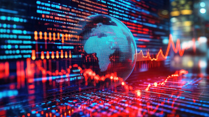 Digital globe surrounded by glowing data streams and red graph lines, symbolizing global analytics, technology, and financial markets
