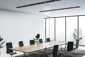 Modern conference room with large wooden table, black chairs, bright windows, and city view in contemporary office space. 3D Rendering
