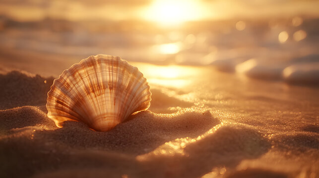 Close-up of a beautiful seashell on a sandy beach, seashell on the beach