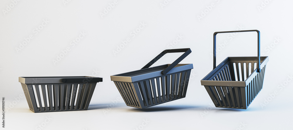 Poster Three different shopping baskets in a modern minimalistic design on a neutral gradient background. 3D Rendering