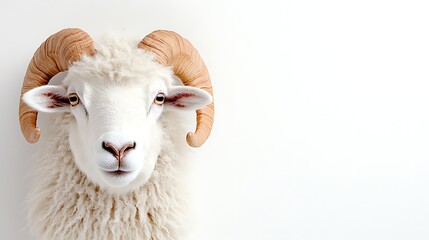 Obraz premium Majestic White Ram Fluffy Wool Large Horns Farm Animal Portrait