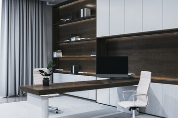 Modern executive office with wooden desk, white chairs, and built-in shelves in a sleek, minimalist design. 3D Rendering