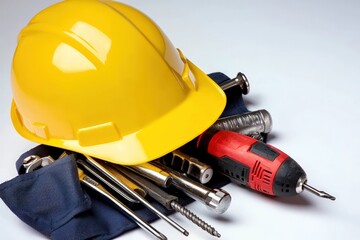 Fototapeta premium A bright yellow hard hat with a navy tool belt containing steel tools, including a red power drill and rubberized screwdrivers, set against a high-resolution, clean white background