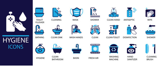 hygiene icon set of clean bathroom, wash hand, antiseptic, disinfection, wipe, mask, solid icon set vector 