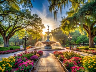 Obraz premium Savannah Georgia Forsyth Park Fountain Spring Blossoms - Scenic Stock Photo