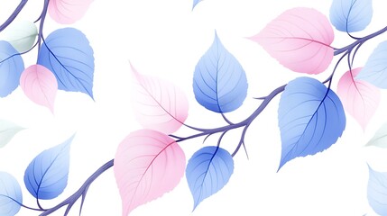 Pastel Leaves Branch Seamless Pattern  Pink  Blue  White Background