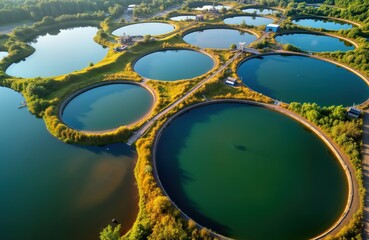 Aerial view of circular wastewater treatment ponds. Eco-friendly water purification facility. Modern tech for sewage treatment, water recycling. Green areas around circular ponds. Clean water in