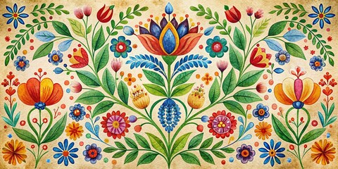 Scandinavian Watercolor Folk Art Floral Design -  Rustic Hand-Painted Texture Background