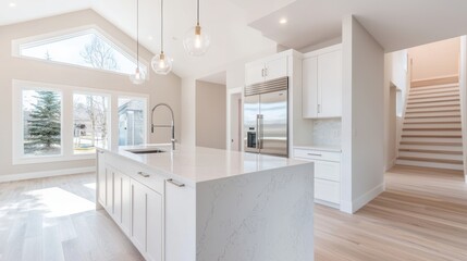 A minimalist kitchen with beige walls, white handleless cabinets, integrated appliances, and a waterfall island countertop illuminated by sleek pendant lights.