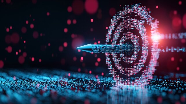 A glowing blue crosshair superimposed on a dark background with binary code, representing precision targeting in cybersecurity or software development.