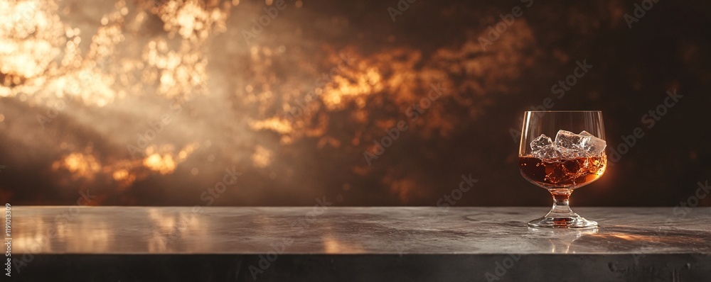Poster Glass of whisky with ice cubes on table illuminating abstract background