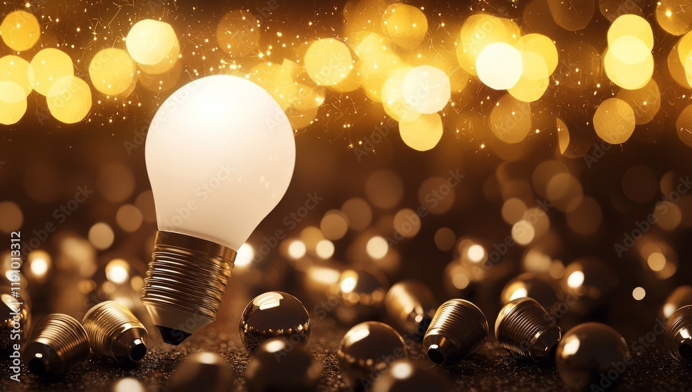 Wall mural a brilliant white bulb illuminates a field of scattered metallic bulbs on a dark surface