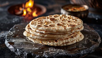 A stack of fresh, homemade flatbreads, or naan, sit on a rustic stone board with a bowl of dip and a fire in the background.