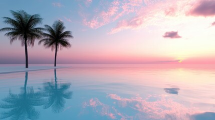 A serene pool scene at sunset, with the water reflecting the warm hues of the sky, surrounded by palm trees swaying in the gentle breeze.