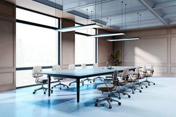 Contemporary boardroom with natural light, featuring a long table and ergonomic chairs in a modern corporate office setting. 3D Rendering