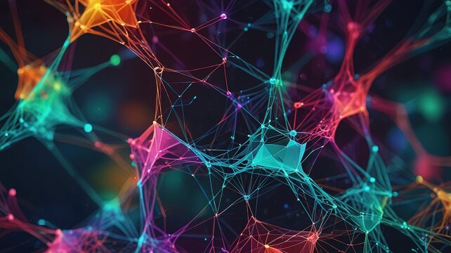 Abstract rainbow colored polygonal neural connections on dark space background