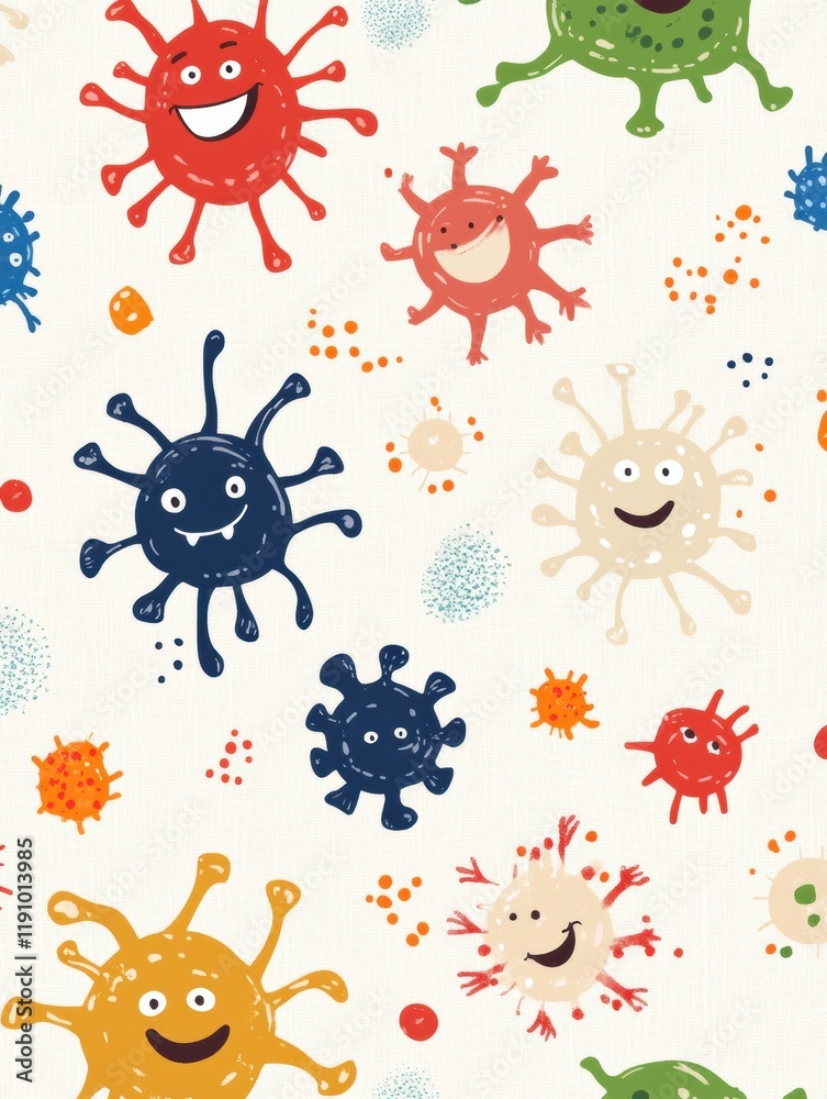 Leinwandbilder cartoon microbes with smiles in a playful pattern on a light background. generative ai
