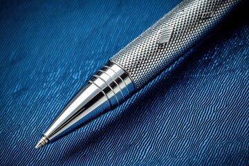 A brushed metal pen with silver and black accents placed diagonally on a rich