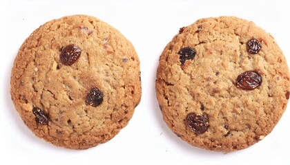 Round whole wheat biscuit, cookie with raisins isolated on white background, top view
