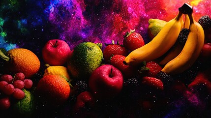 Vibrant colorful fruits against a cosmic background.