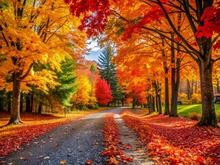 Fototapeta premium Serene Autumn Gravel Driveway with Colorful Foliage and Golden Leaves - Fall Landscape Stock Photo