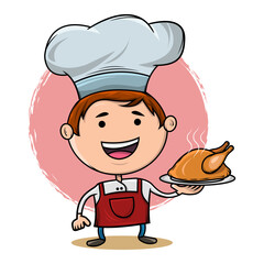 Cute Cartoon Chef Serving Fried Chicken
