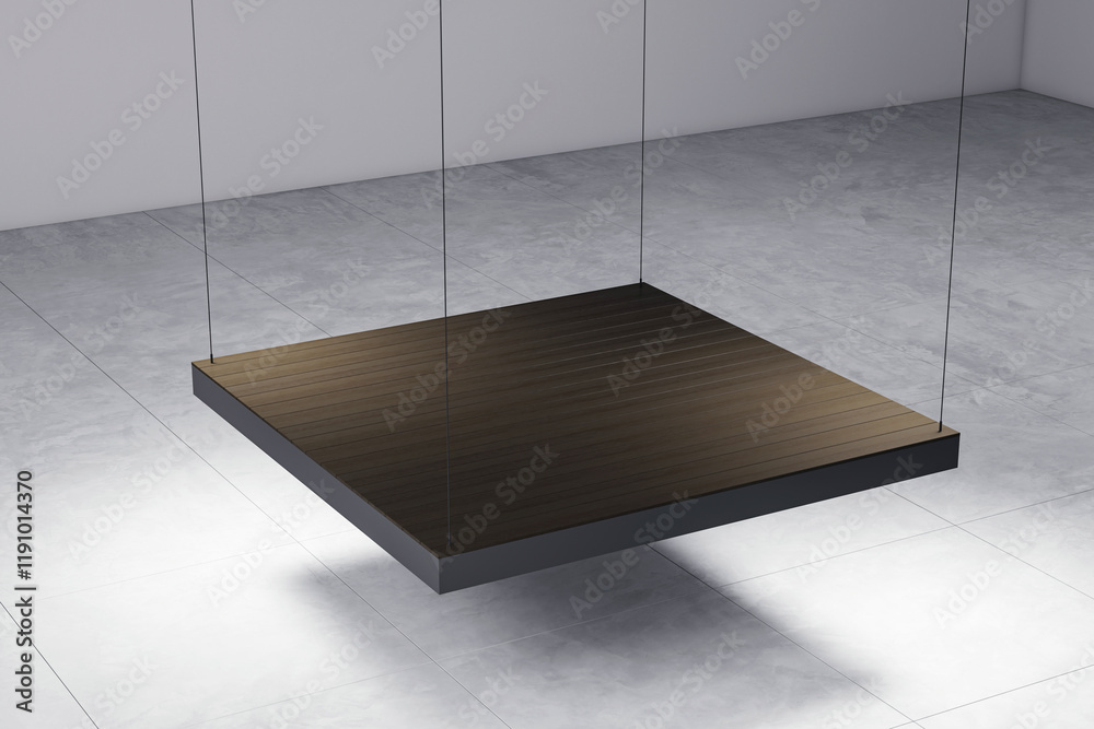 Poster suspended wooden platform in modern minimal interior with gray tiled floor and soft shadowed lightin