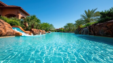 Obraz premium A sprawling resort pool complex with multiple pools, a lazy river, waterslides, and a swim up bar, catering to guests of all ages.
