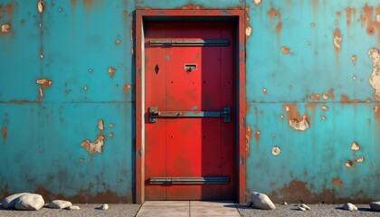 Rusty red door set in weathered teal wall. Aged metal entranceway shows signs of rust, decay. Industrial design elements apparent. Forgotten building exterior structure with vintage appearance.