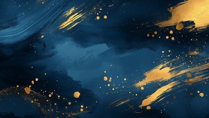 Fototapeta premium Elegant Blue and Gold Abstract Splash, luxurious dark blue backdrop adorned with intricate golden brush strokes, rich texture and high detail