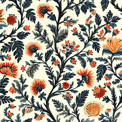 Floral Tapestry: A mesmerizing pattern of vibrant orange and navy blue floral motifs intertwine on a cream background, creating a richly textured and visually captivating design.