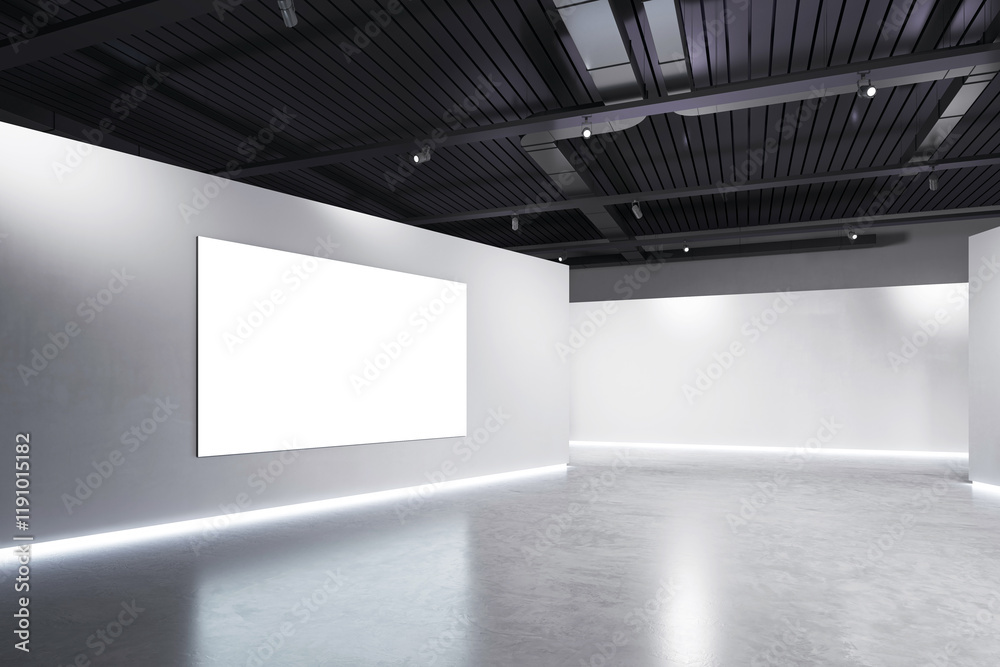 Poster modern gallery interior with blank wall for art display, featuring minimalist design and clean light