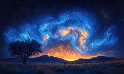 Swirling nebula, lone tree, sunset mountains.