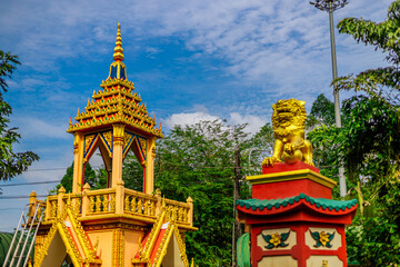 Beautiful panoramic nature background of colorful twilight sky amidst community houses, countryside...