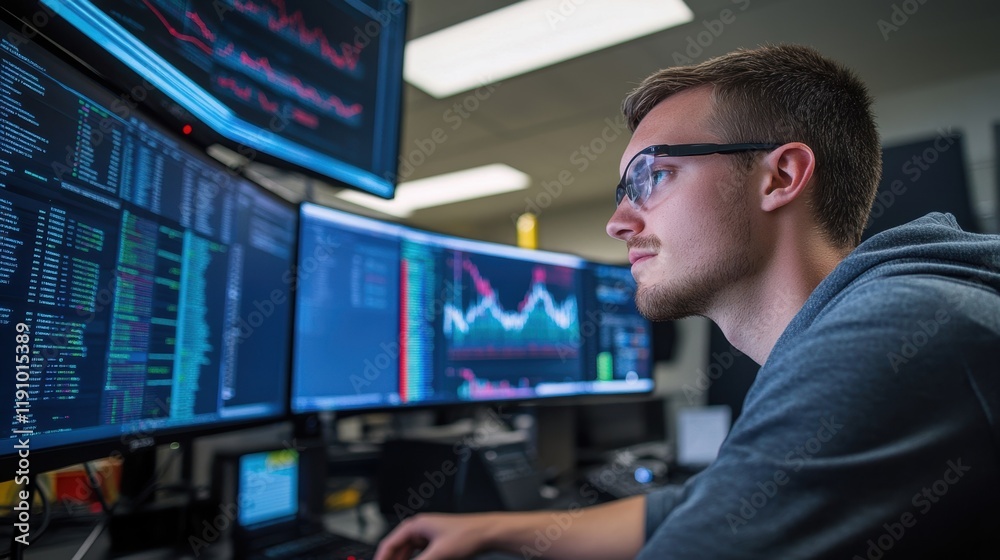 Aufkleber young computer programmer, wearing glasses, working diligently at multiple computer screens filled w